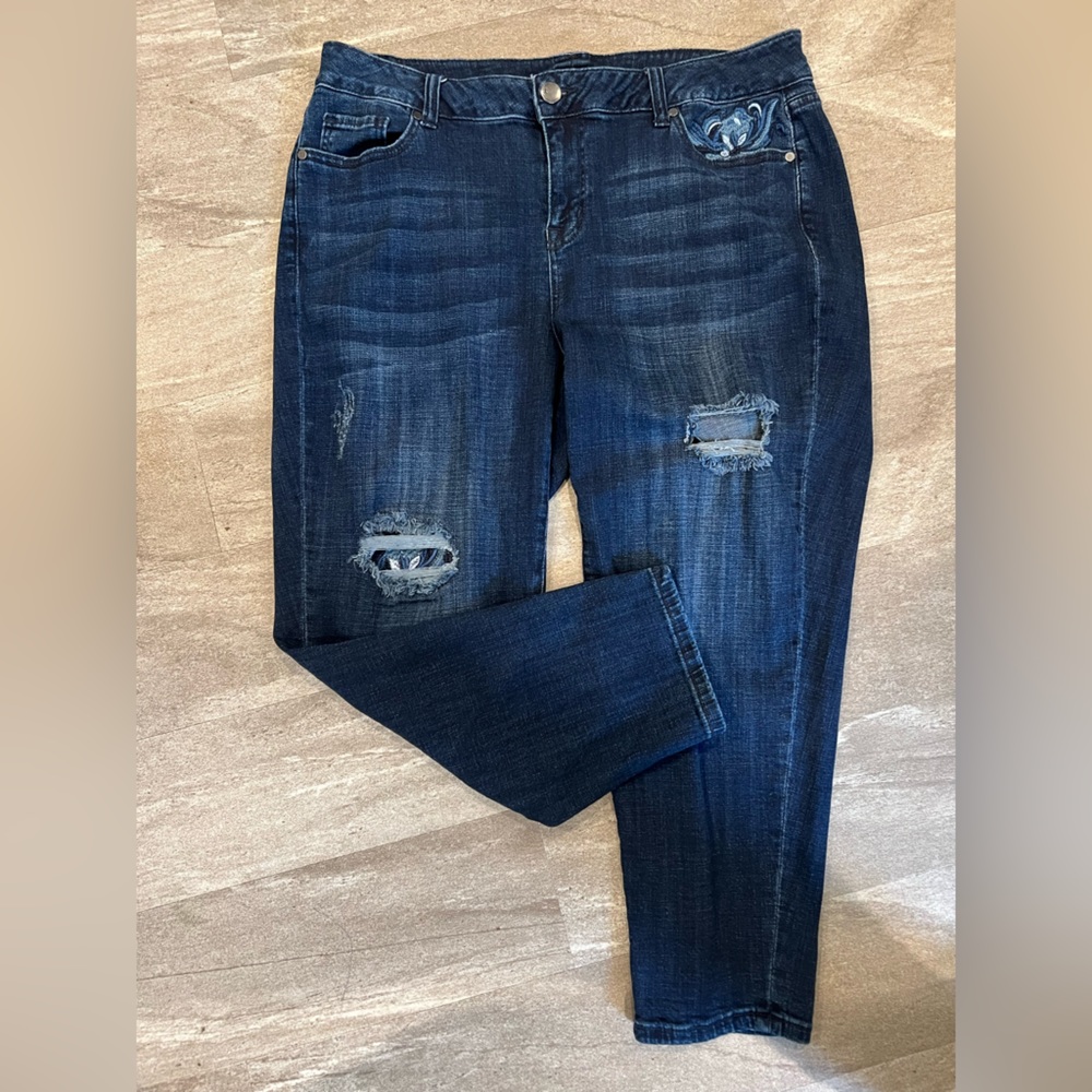 LANE BRYANT Girlfriend Jeans, Distressed & Embroidered Floral Pocket